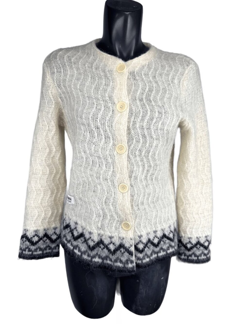 VARMA 100% Icelandic Wool Fair Isle Knit Cardigan Ivory Black Sweater S
